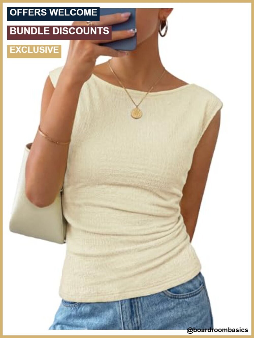 Women's Cap Sleeve Boat Neck Ruched Tank Top Slim Fit